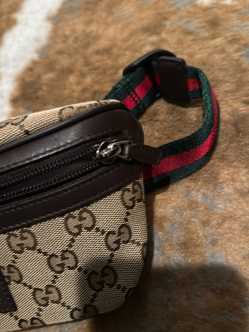 Gucci Brown-Beige GG Canvas Belt Bag with Signature Web Strap